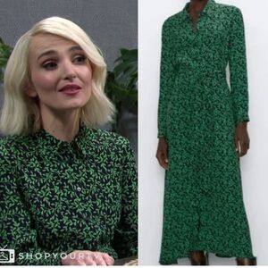 Zara long print belted green shirt dress